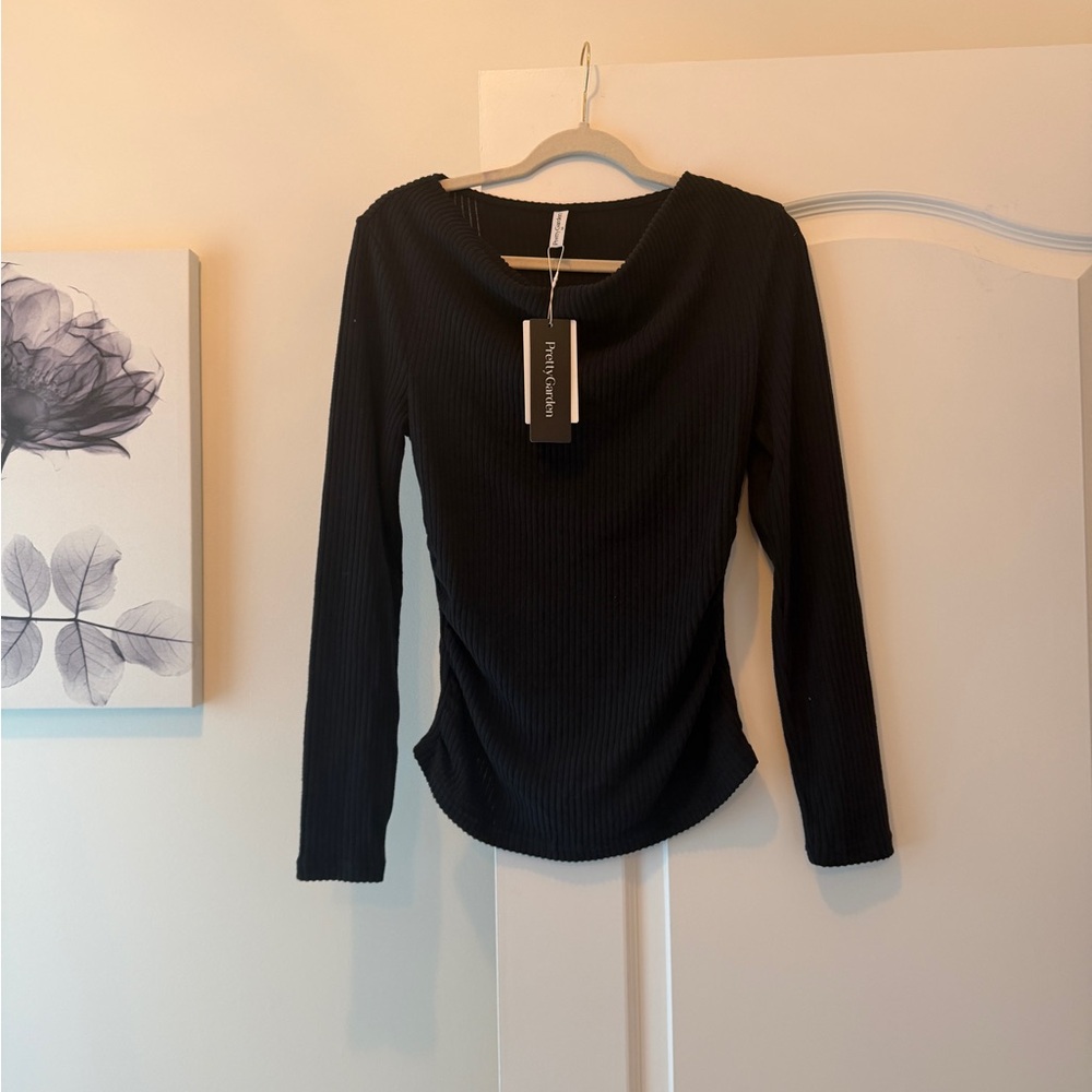 PrettyGarden Black Ribbed Knit Long-Sleeve Scoop Neck Top